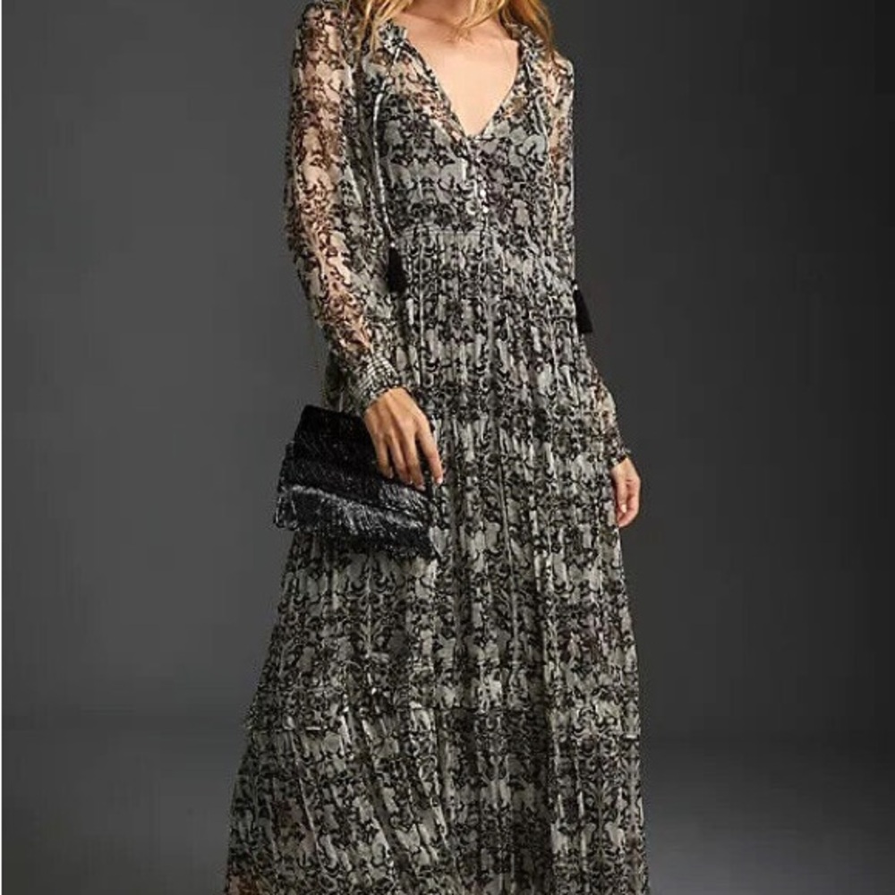Anthropologie Black and Ivory Long Sleeve Maxi Dress